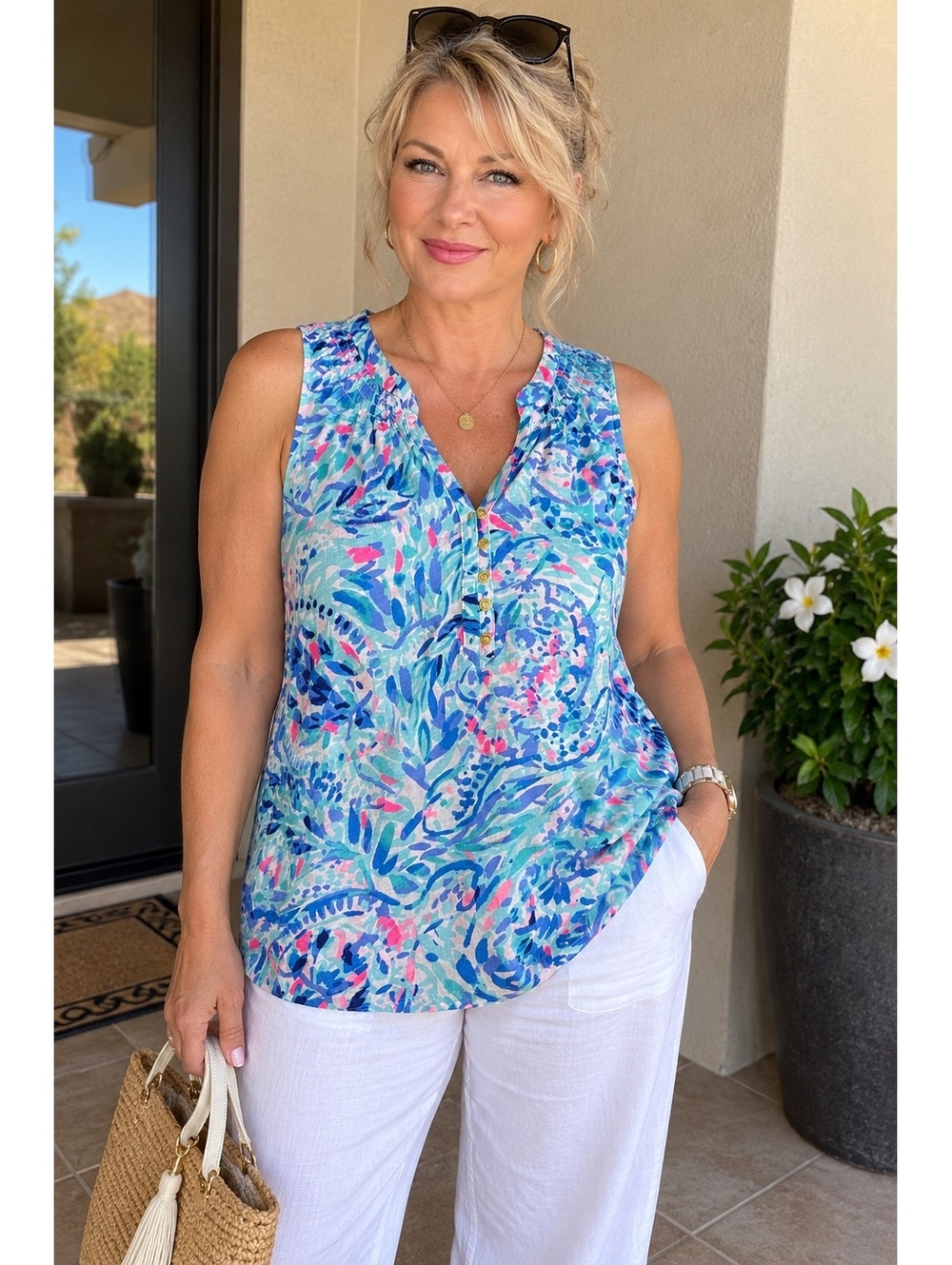 Lilly Pulitzer Essie Top Women’s Large Blue Pink Floral Sleeveless Blouse NWT
